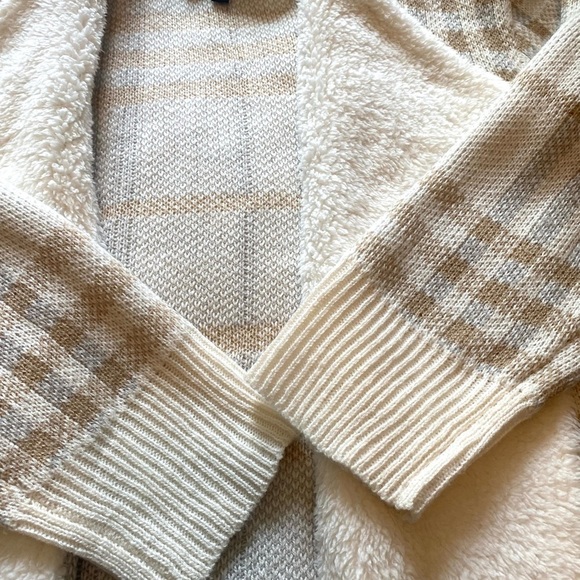 Adrienne Vittadini Ivory & Tan Plaid Open Front Cardigan Sz L - Picture 8 of 10